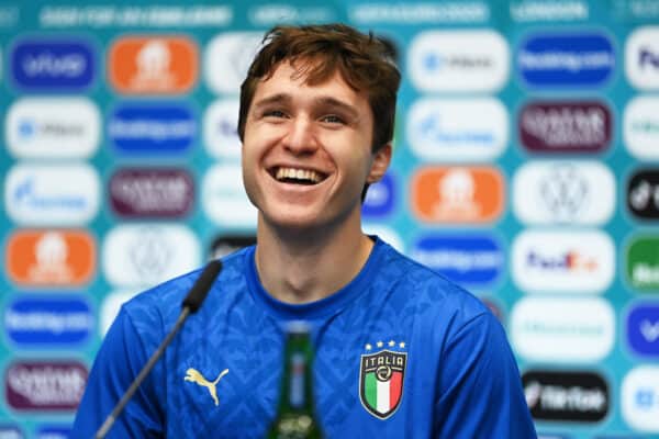 LONDON, ENGLAND - JULY 06: In this handout picture provided by UEFA, Federico Chiesa of Italy speaks to the media during the Italy Press Conference after the UEFA Euro 2020 Championship Semi-final match between Italy and Spain at Wembley Stadium on July 06, 2021 in London, England. (Photo by UEFA)