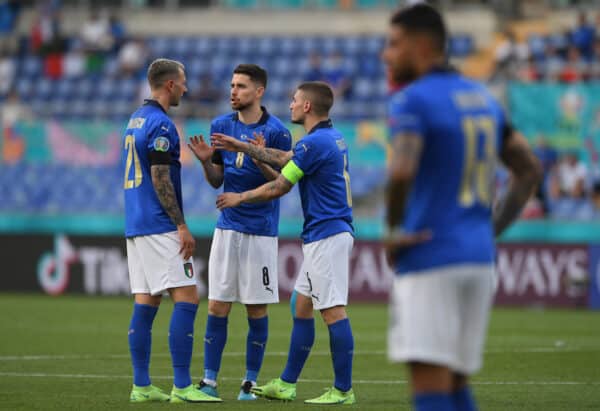 ROME, ITALY - JUNE 20: Italy's Jorge Luiz Frello Filho 'Jorginho' (C) during the UEFA Euro 2020 Championship Group A match between Italy and Wales at Olimpico Stadium on June 20, 2021 in Rome, Italy. (Photo by Chris Ricco - UEFA/UEFA via Getty Images)