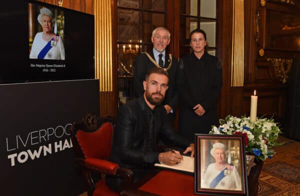 Jordan Henderson signs book of condolence for Queen (Photo by John Powell/Liverpool FC via Getty Images)