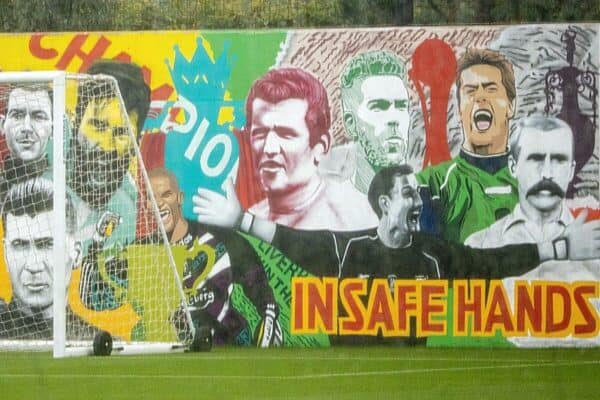 LIVERPOOL, ENGLAND - Monday, October 18, 2021: In safe hands... a mural of former Liverpool goalkeepers pictured during a training session at the AXA Training Centre ahead of the UEFA Champions League Group B Matchday 3 game between Club Atlético de Madrid and Liverpool FC. (Pic by David Rawcliffe/Propaganda)