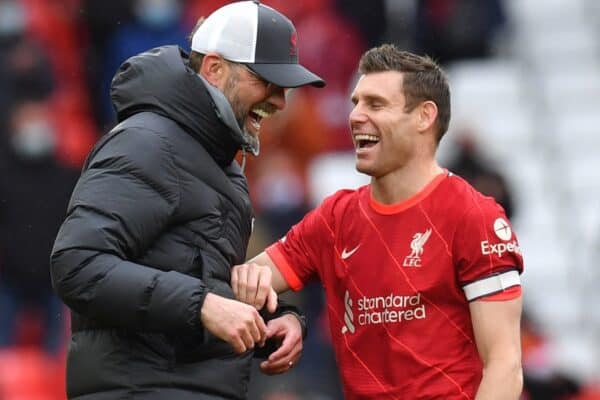 Liverpool's James Milner and manager Jurgen Klopp share a joke after the Premier League match at Anfield, Liverpool. Picture date: Sunday May 23, 2021.