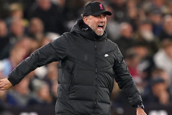 Liverpool manager Jurgen Klopp reacts during the Premier League match at the London Stadium, London. Picture date: Sunday November 7, 2021.