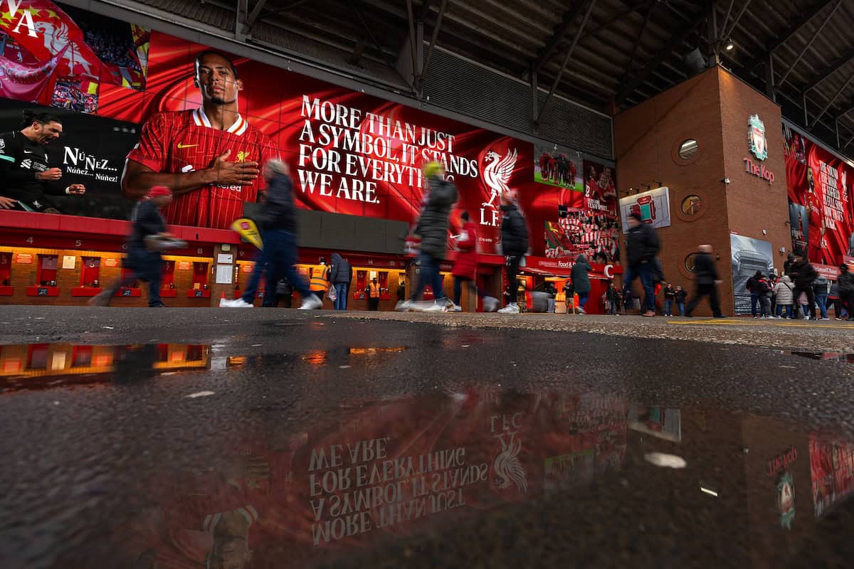 LIVERPOOL, ENGLAND - Wednesday, February 28, 2024: Liverpool supporters arrive in the rain before the FA Cup 5th Round match between Liverpool FC and Southampton FC at Anfield. Liverpool won 3-0. (Photo by David Rawcliffe/Propaganda)