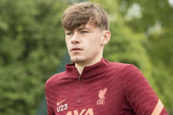 LIVERPOOL, ENGLAND - Sunday, May 1, 2022: Liverpool's Conor Bradley during the pre-match warm-up before the Premier League 2 Division 1 match between Liverpool FC Under-23's and Manchester United FC Under-23's at the Liverpool Academy. (Pic by Jessica Hornby/Propaganda)