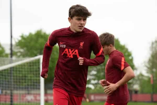 LIVERPOOL, ENGLAND - Sunday, May 1, 2022: Liverpool's Owen Beck during the pre-match warm-up before the Premier League 2 Division 1 match between Liverpool FC Under-23's and Manchester United FC Under-23's at the Liverpool Academy. (Pic by Jessica Hornby/Propaganda)