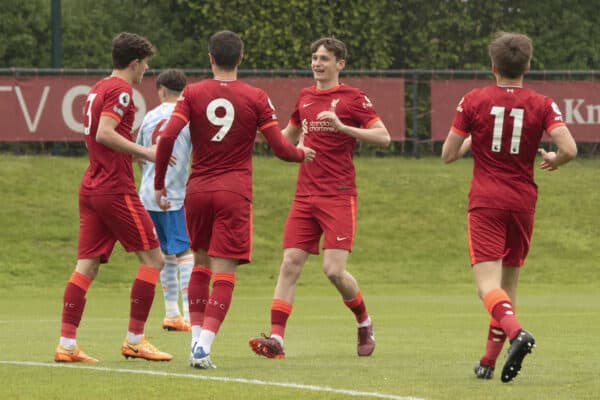 LIVERPOOL, ENGLAND - Sunday, May 1, 2022:  Liverpool players celebrate bizarre own goal during the Premier League 2 Division 1 match between Liverpool FC Under-23's and Manchester United FC Under-23's at the Liverpool Academy. (Pic by Jessica Hornby/Propaganda)