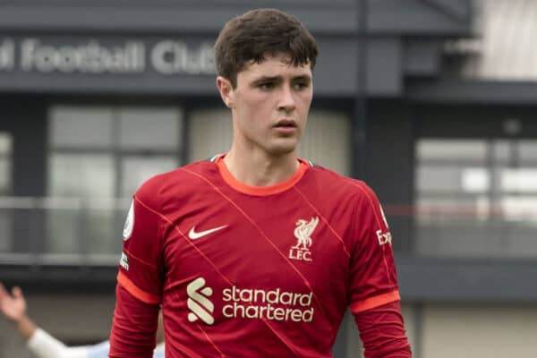 LIVERPOOL, ENGLAND - Sunday, May 1, 2022: Liverpool's Layton Stewart during the Premier League 2 Division 1 match between Liverpool FC Under-23's and Manchester United FC Under-23's at the Liverpool Academy. (Pic by Jessica Hornby/Propaganda)