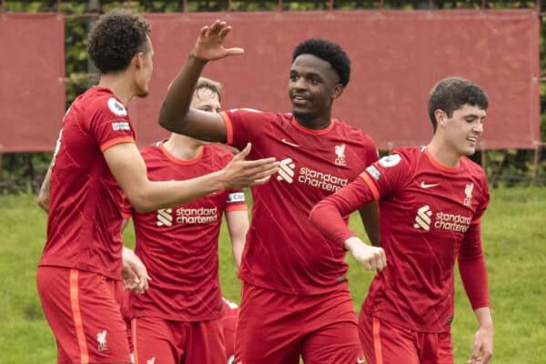 LIVERPOOL, ENGLAND - Sunday, May 1, 2022: Liverpool's Rhys Williams (L) celebrates scoring the second goal for Liverpool with team-mates during the Premier League 2 Division 1 match between Liverpool FC Under-23's and Manchester United FC Under-23's at the Liverpool Academy. (Pic by Jessica Hornby/Propaganda)