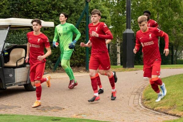 LIVERPOOL, ENGLAND - Sunday, May 1, 2022: Liverpool players return for the second half during the Premier League 2 Division 1 match between Liverpool FC Under-23's and Manchester United FC Under-23's at the Liverpool Academy. (Pic by Jessica Hornby/Propaganda)