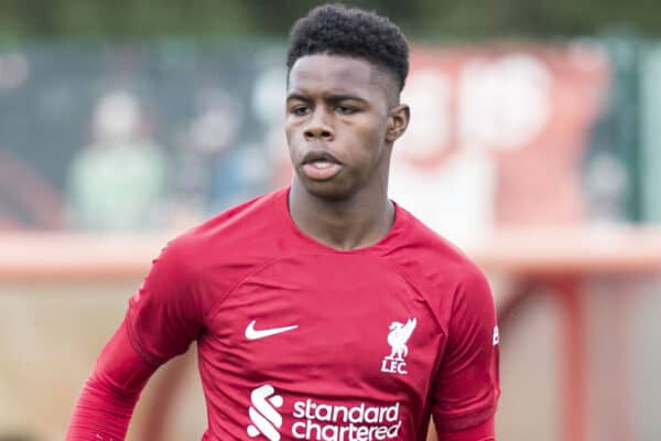 KIRKBY, ENGLAND - Saturday, September 3, 2022: Liverpool's Keyrol Figueroa during the Under-18 Premier League Cup match between Liverpool FC Under-18's and Tottenham Hotspur FC Under-18's at the Liverpool Academy. (Pic by Jessica Hornby/Propaganda)