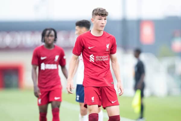 KIRKBY, ENGLAND - Saturday, September 3, 2022: Liverpool's Lewis Koumas during the Under-18 Premier League Cup match between Liverpool FC Under-18's and Tottenham Hotspur FC Under-18's at the Liverpool Academy. (Pic by Jessica Hornby/Propaganda)