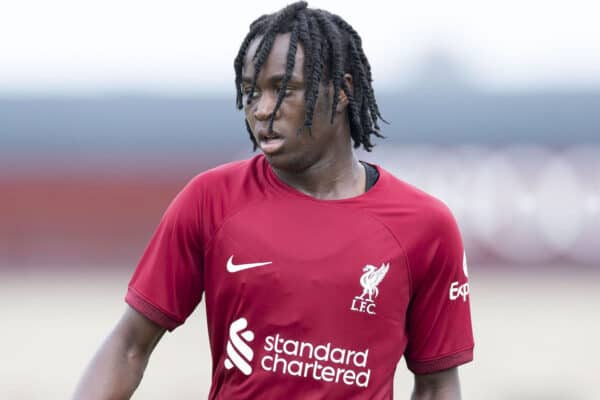 KIRKBY, ENGLAND - Saturday, September 3, 2022: Liverpool's Francis Gyimah during the Under-18 Premier League Cup match between Liverpool FC Under-18's and Tottenham Hotspur FC Under-18's at the Liverpool Academy. (Pic by Jessica Hornby/Propaganda)