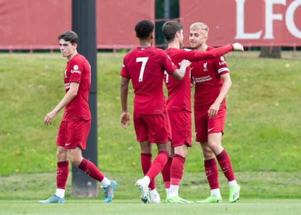 KIRKBY, ENGLAND - Saturday, September 3, 2022: Liverpool's captain Jake Cain (R) celebrates the first goal with team-mates during the Premier League 2 Division 1 match between Liverpool FC Under-18's and Manchester United FC Under-18's at the Liverpool Academy. (Pic by Jessica Hornby/Propaganda)