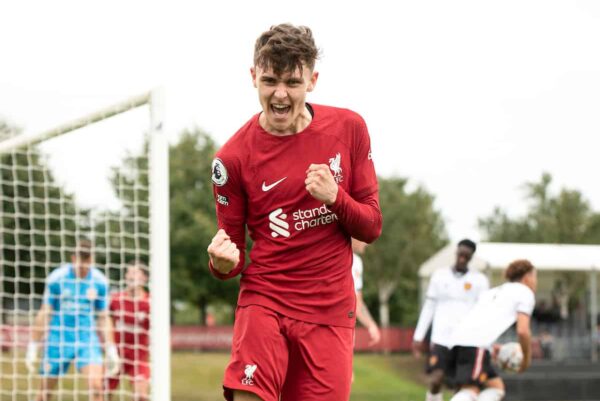 KIRKBY, ENGLAND - Saturday, September 3, 2022: Liverpool's Bobby Clarke celebrates scoring his teams second goal during the Premier League 2 Division 1 match between Liverpool FC Under-18's and Manchester United FC Under-18's at the Liverpool Academy. (Pic by Jessica Hornby/Propaganda)