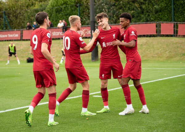 KIRKBY, ENGLAND - Saturday, September 3, 2022: Liverpool's Bobby Clarke (C) celebrates scoring his teams second goal with team-mates during the Premier League 2 Division 1 match between Liverpool FC Under-18's and Manchester United FC Under-18's at the Liverpool Academy. (Pic by Jessica Hornby/Propaganda)