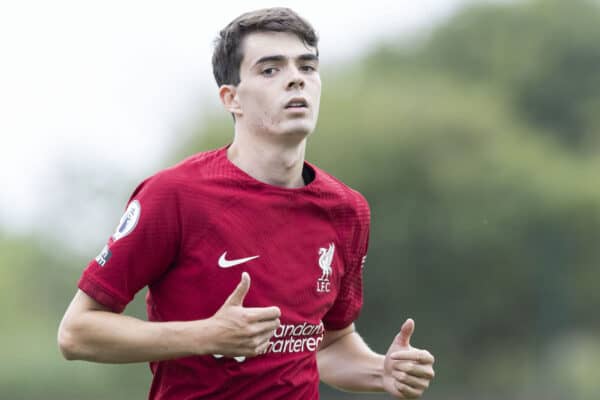 KIRKBY, ENGLAND - Saturday, September 3, 2022: Liverpool's Dominic Corness during the Premier League 2 Division 1 match between Liverpool FC Under-18's and Manchester United FC Under-18's at the Liverpool Academy. (Pic by Jessica Hornby/Propaganda)