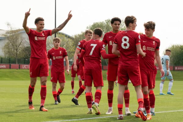 LIVERPOOL, ENGLAND - Sunday, April 17, 2022: Liverpool's Tyler Morton celebrates scoring the second goal with team-mate during the Premier League 2 Division 1 match between Liverpool FC Under-23's and West Ham United FC Under-23's at the Liverpool Academy. (Pic by Jessica Hornby/Propaganda)