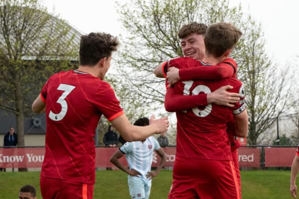 LIVERPOOL, ENGLAND - Sunday, April 17, 2022: Liverpool's Captain Tom Clayton celebrates scoring the third goal with team-mates during the Premier League 2 Division 1 match between Liverpool FC Under-23's and West Ham United FC Under-23's at the Liverpool Academy. (Pic by Jessica Hornby/Propaganda)