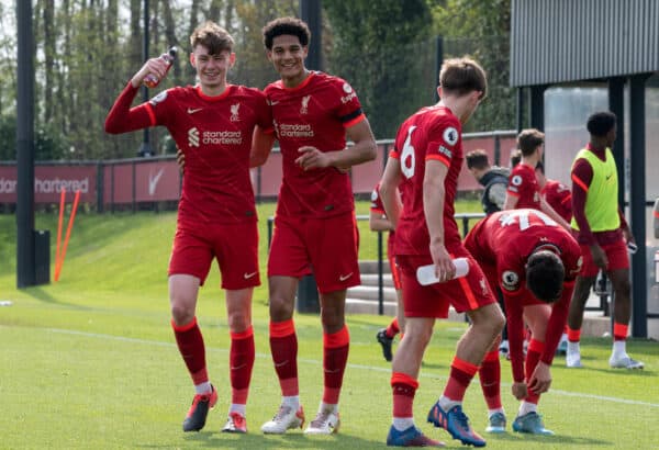 LIVERPOOL, ENGLAND - Sunday, April 17, 2022: Liverpool's Conor Bradley (L) and Liverpool's Jarell Quansah celebrate a 3-0 win after the Premier League 2 Division 1 match between Liverpool FC Under-23's and West Ham United FC Under-23's at the Liverpool Academy. (Pic by Jessica Hornby/Propaganda)