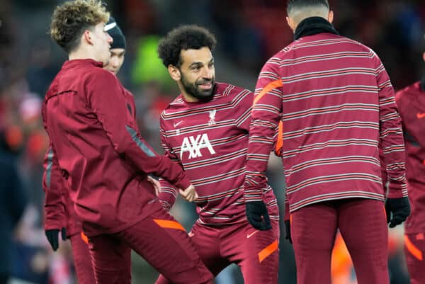 LIVERPOOL, ENGLAND - Thursday, February 10, 2022: Liverpool’s Mohamed Salah in action with team mates during team warm up before the FA Premier League match between Liverpool FC and Leicester City FC at Anfield. (Pic by Lindsey Parneby/Propaganda)