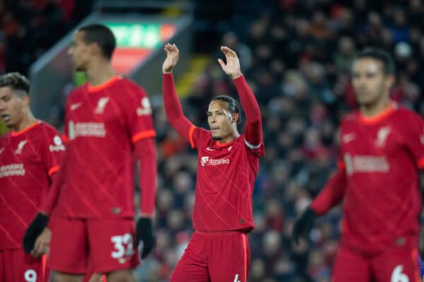 LIVERPOOL, ENGLAND - Thursday, February 10, 2022: Liverpool’s captain Virgil van Dijk signals to team mates during the FA Premier League match between Liverpool FC and Leicester City FC at Anfield. (Pic by Lindsey Parneby/Propaganda)