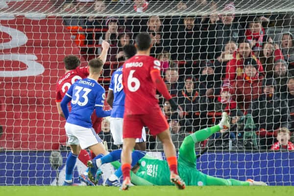 LIVERPOOL, ENGLAND - Thursday, February 10, 2022: Liverpool’s Dioga Jota (L) scores the opening goal against Leicester during the FA Premier League match between Liverpool FC and Leicester City FC at Anfield. (Pic by Lindsey Parneby/Propaganda)