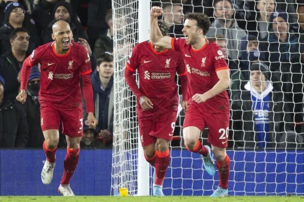 LIVERPOOL, ENGLAND - Thursday, February 10, 2022: Liverpool’s Dioga Jota (R) celebrates scoring the opening goal against Leicester with team mates during the FA Premier League match between Liverpool FC and Leicester City FC at Anfield. (Pic by Lindsey Parneby/Propaganda)