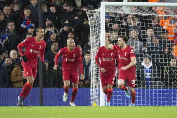 LIVERPOOL, ENGLAND - Thursday, February 10, 2022: Liverpool’s Dioga Jota (R) celebrates scoring the opening goal against Leicester with team mates during the FA Premier League match between Liverpool FC and Leicester City FC at Anfield. (Pic by Lindsey Parneby/Propaganda)