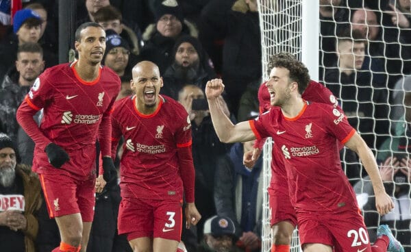 LIVERPOOL, ENGLAND - Thursday, February 10, 2022: Liverpool’s Dioga Jota (R) celebrates scoring the opening goal against Leicester with team mates during the FA Premier League match between Liverpool FC and Leicester City FC at Anfield. (Pic by Lindsey Parneby/Propaganda)