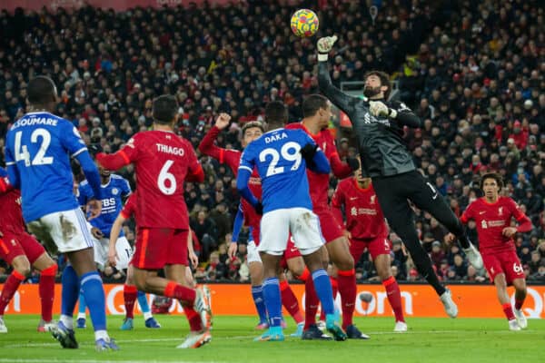 LIVERPOOL, ENGLAND - Thursday, February 10, 2022: Liverpool’s goalkeeper Alison Becker clears the ball from the goal area during the FA Premier League match between Liverpool FC and Leicester City FC at Anfield. (Pic by Lindsey Parneby/Propaganda)