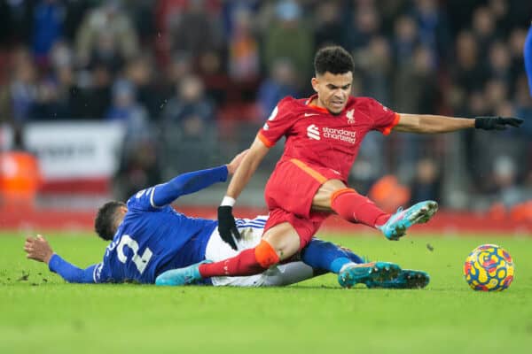 LIVERPOOL, ENGLAND - Thursday, February 10, 2022: Liverpool’s Luis Diaz (top) tackles Leicester’s James Justin during the FA Premier League match between Liverpool FC and Leicester City FC at Anfield. (Pic by Lindsey Parneby/Propaganda)