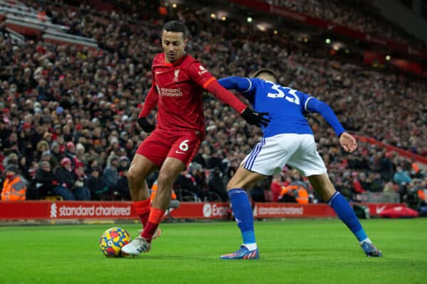 LIVERPOOL, ENGLAND - Thursday, February 10, 2022: Liverpool’s Thiago Alcantara (L) vies with Leicester’s Luke Thomas during the FA Premier League match between Liverpool FC and Leicester City FC at Anfield. (Pic by Lindsey Parneby/Propaganda)