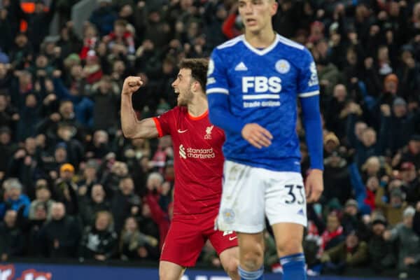 LIVERPOOL, ENGLAND - Thursday, February 10, 2022: Liverpool’s Dioga Jota (L) celebrates scoring their second goal against Leicester during the FA Premier League match between Liverpool FC and Leicester City FC at Anfield. (Pic by Lindsey Parnaby/Propaganda)