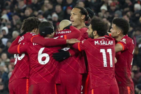 LIVERPOOL, ENGLAND - Thursday, February 10, 2022: Liverpool’s Dioga Jota (not seen) celebrates scoring their second goal against Leicester during the FA Premier League match between Liverpool FC and Leicester City FC at Anfield. (Pic by Lindsey Parnaby/Propaganda)