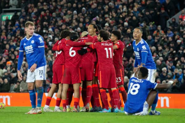 LIVERPOOL, ENGLAND - Thursday, February 10, 2022: Liverpool’s Dioga Jota (not seen) celebrates scoring their second goal against Leicester during the FA Premier League match between Liverpool FC and Leicester City FC at Anfield. (Pic by Lindsey Parnaby/Propaganda)