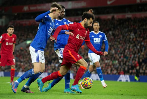 LIVERPOOL, ENGLAND - Thursday, February 10, 2022: Liverpool’s Mohamed Salah in action during the FA Premier League match between Liverpool FC and Leicester City FC at Anfield. (Pic by Lindsey Parnaby/Propaganda)