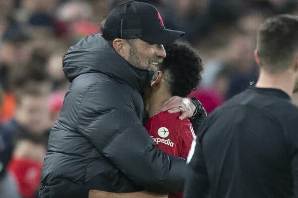 LIVERPOOL, ENGLAND - Thursday, February 10, 2022: Liverpool’s head coach manager Jurgen Klopp (L) hugs Luis Diaz after substituting him off during the FA Premier League match between Liverpool FC and Leicester City FC at Anfield. (Pic by Lindsey Parnaby/Propaganda)