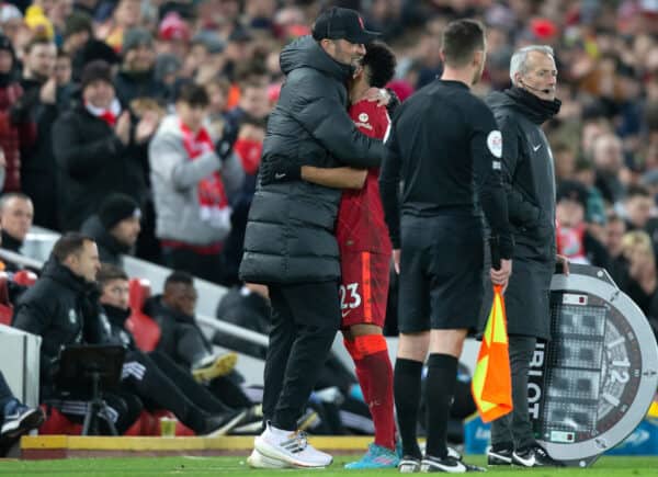 LIVERPOOL, ENGLAND - Thursday, February 10, 2022: Liverpool’s head coach manager Jurgen Klopp (L) hugs Luis Diaz after substituting him off during the FA Premier League match between Liverpool FC and Leicester City FC at Anfield. (Pic by Lindsey Parnaby/Propaganda)