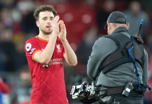 LIVERPOOL, ENGLAND - Thursday, February 10, 2022: Liverpool’s Dioga Jota claps to fans after the FA Premier League match between Liverpool FC and Leicester City FC at Anfield. (Pic by Lindsey Parnaby/Propaganda)