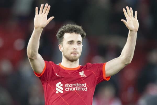 LIVERPOOL, ENGLAND - Thursday, February 10, 2022: Liverpool’s Dioga Jota claps to fans after the FA Premier League match between Liverpool FC and Leicester City FC at Anfield. (Pic by Lindsey Parnaby/Propaganda)