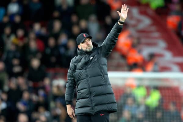 LIVERPOOL, ENGLAND - Thursday, February 10, 2022: Liverpool’s head coach manager Jurgen Klopp claps to fans after the FA Premier League match between Liverpool FC and Leicester City FC at Anfield. (Pic by Lindsey Parnaby/Propaganda)