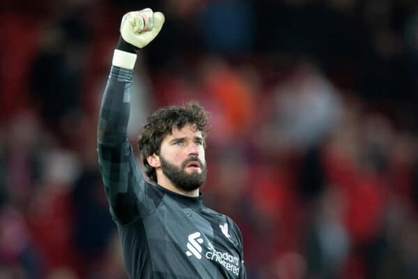 LIVERPOOL, ENGLAND - Thursday, February 10, 2022: Liverpool’s goalkeeper Alison Becker claps to fans after the FA Premier League match between Liverpool FC and Leicester City FC at Anfield. (Pic by Lindsey Parnaby/Propaganda)