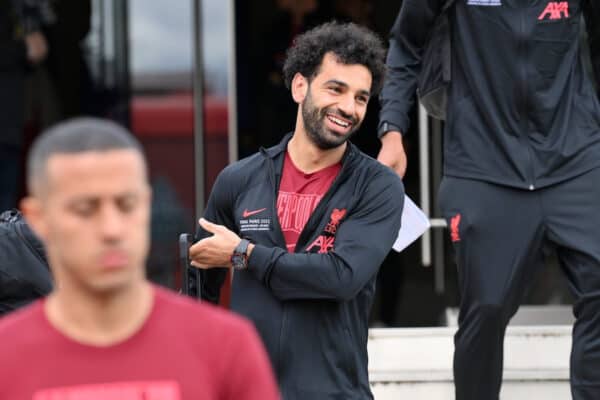 PARIS, FRANCE - MAY 27: Mohamed Salah of Liverpool arrives during the Liverpool FC arrival on May 27, 2022 in Paris, France. Liverpool FC will face Real Madrid in the UEFA Champions League final on May 28, 2022. (Photo by Sebastian Widmann - UEFA/UEFA via Getty Images)