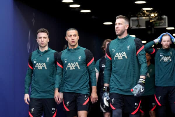 PARIS, FRANCE - MAY 27: Diogo Jota, Thiago Alcantara and Adrian of Liverpool make their way out to train prior to the Liverpool FC Training Session at Stade de France on May 27, 2022 in Paris, France. Liverpool will face Real Madrid in the UEFA Champions League final on May 28, 2022. (Photo by UEFA)