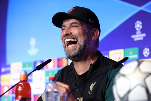 PARIS, FRANCE - MAY 27: Jurgen Klopp, Manager of Liverpool speaks to the media in the Liverpool FC Press Conference at Stade de France on May 27, 2022 in Paris, France. Liverpool will face Real Madrid in the UEFA Champions League final on May 28, 2022. (Photo by UEFA)