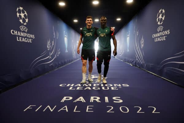 PARIS, FRANCE - MAY 27: Andrew Robertson and Sadio Mane of Liverpool pose for a photo in the tunnel after the Liverpool FC Training Session at Stade de France on May 27, 2022 in Paris, France. Liverpool will face Real Madrid in the UEFA Champions League final on May 28, 2022. (Photo by UEFA)