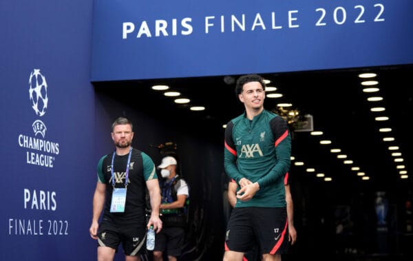 PARIS, FRANCE - MAY 27: Curtis Jones of Liverpool enters the pitch prior to the Liverpool FC Training Session at Stade de France on May 27, 2022 in Paris, France. Liverpool will face Real Madrid in the UEFA Champions League final on May 28, 2022. (Photo by UEFA)