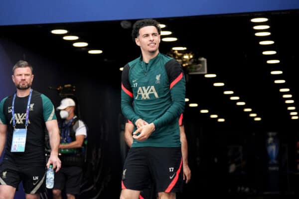 PARIS, FRANCE - MAY 27: Curtis Jones of Liverpool enters the pitch prior to the Liverpool FC Training Session at Stade de France on May 27, 2022 in Paris, France. Liverpool will face Real Madrid in the UEFA Champions League final on May 28, 2022. (Photo by UEFA)