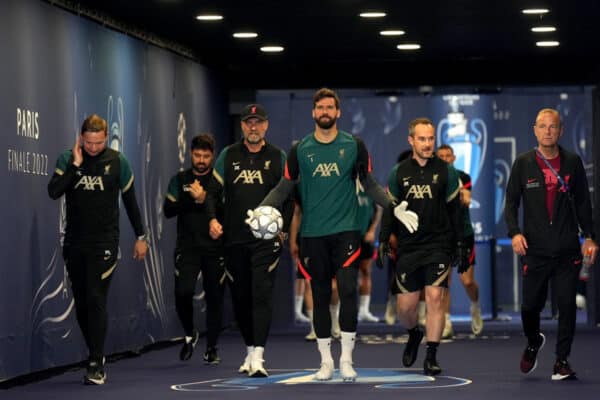 PARIS, FRANCE - MAY 27: Juergen Klopp, Manager of Liverpool and Alisson Becker of Liverpool make their way out from the tunnel prior to the Liverpool FC Training Session at Stade de France on May 27, 2022 in Paris, France. Liverpool will face Real Madrid in the UEFA Champions League final on May 28, 2022. (Photo by UEFA)