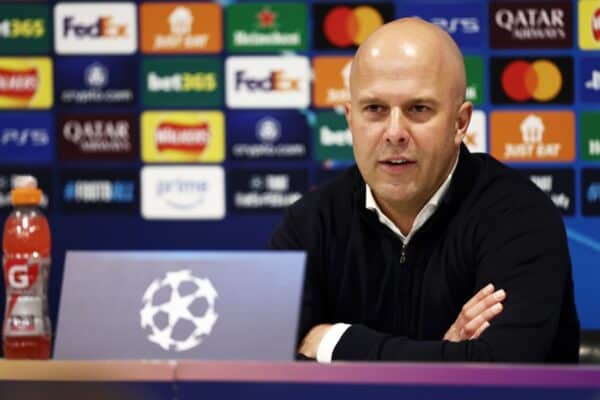 LIVERPOOL, ENGLAND - NOVEMBER 05: Arne Slot, Manager of Liverpool speaks to the media in the post match press conference during the UEFA Champions League 2024/25 League Phase MD4 match between Liverpool FC and Bayer 04 Leverkusen at Anfield on November 05, 2024 in Liverpool, England. (Photo by Naomi Baker - UEFA/UEFA via Getty Images)